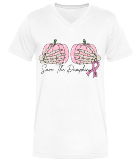 "Save The Pumpkins" Halloween Breast Cancer Awareness Short Sleeve V-Neck T-Shirt 60/40 Cotton Polyester