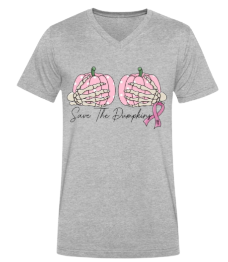 "Save The Pumpkins" Halloween Breast Cancer Awareness Short Sleeve V-Neck T-Shirt 60/40 Cotton Polyester